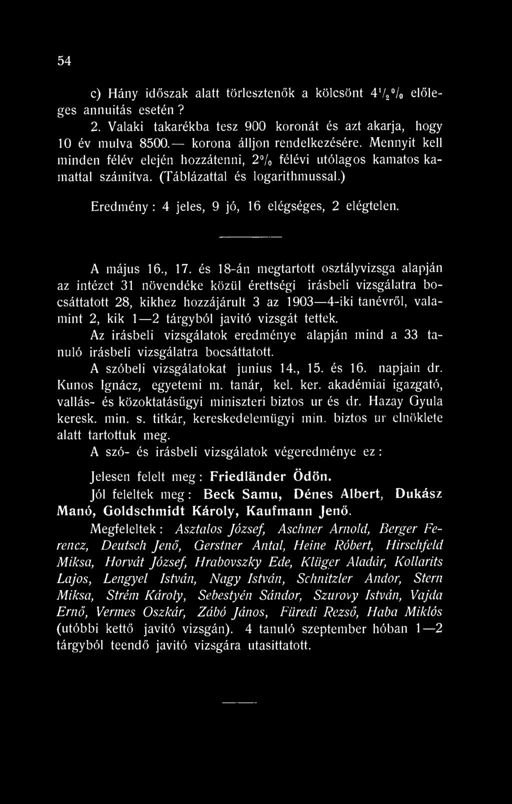 és 18-án megtartott osztályvizsga alapján az intézet 31 növendéke közül érettségi írásbeli vizsgálatra bocsáttatott 28, kikhez hozzájárult 3 az 1903 4-iki tanévről, valamint 2, kik 1 2 tárgyból