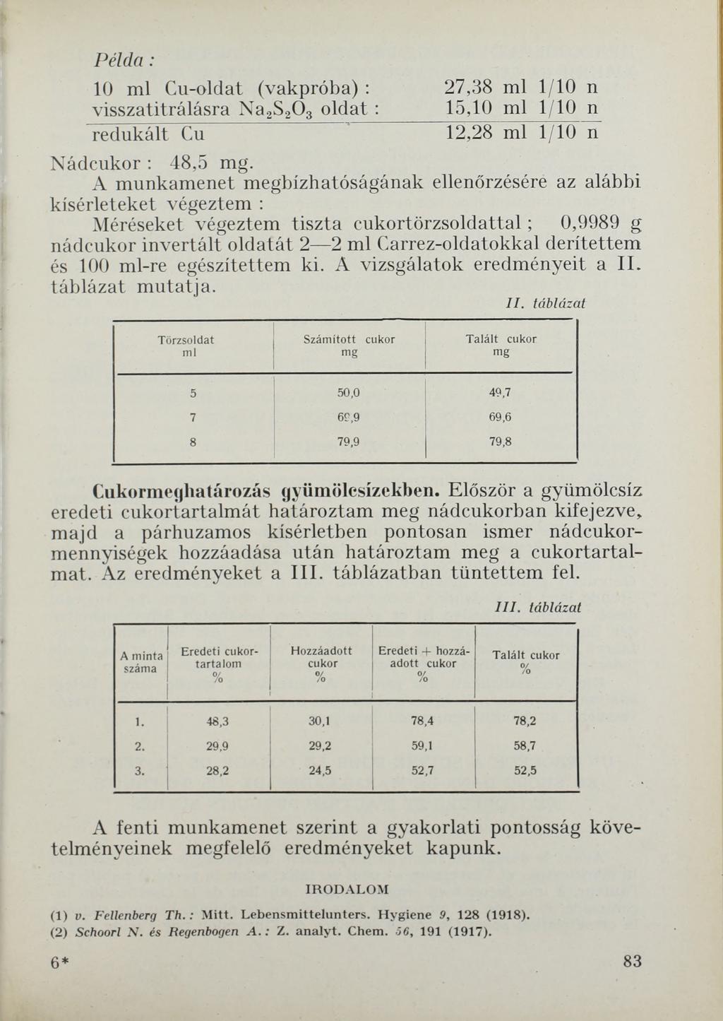 Példa : 10 ml Cu-oldat (vakpróba) : 27,38 ml 1/10 n visszatitrálásra Na2S20 3 oldat : 15,10 ml 1/10 n redukált Cu 12,28 ml 1/10 n Nádcukor : 48,5 mg.