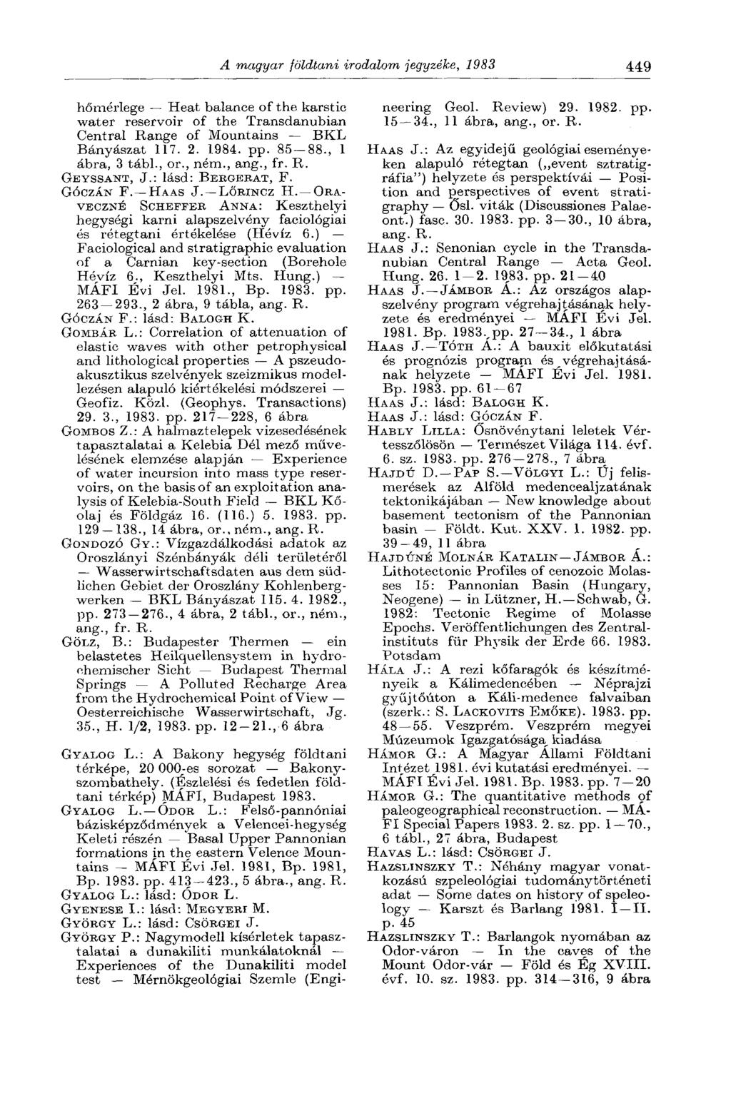 A magyar földtani irodalom jegyzéke, 1983 449 hőmérlege Heat balance of the karstic water reservoir of the Transdanubian Central Range of Mountains BKL Bányászat 117. 2. 1984. pp. 85 88.