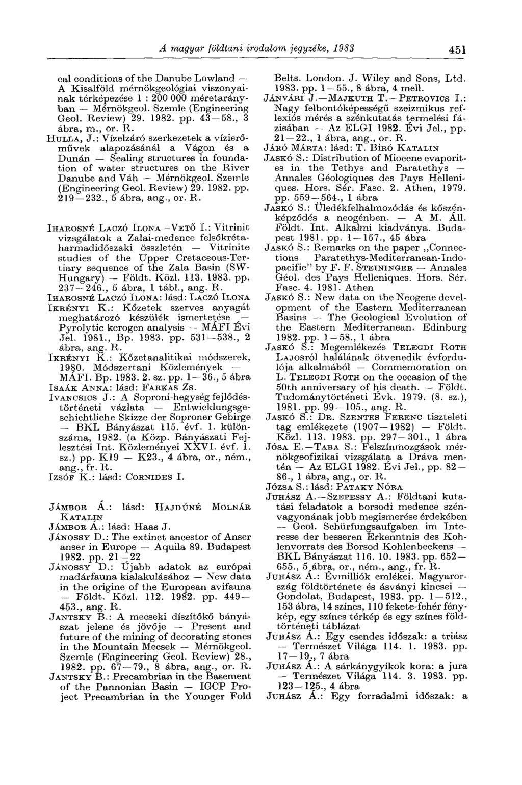 A magyar földtani irodalom jegyzéke, 1983 451 eal conditions of the Danube Lowland A Kisalföld mérnökgeológiai viszonyainak térképezése 1 : 200 000 méretarányban Mérnökgeol. Szemle (Engineering Geol.