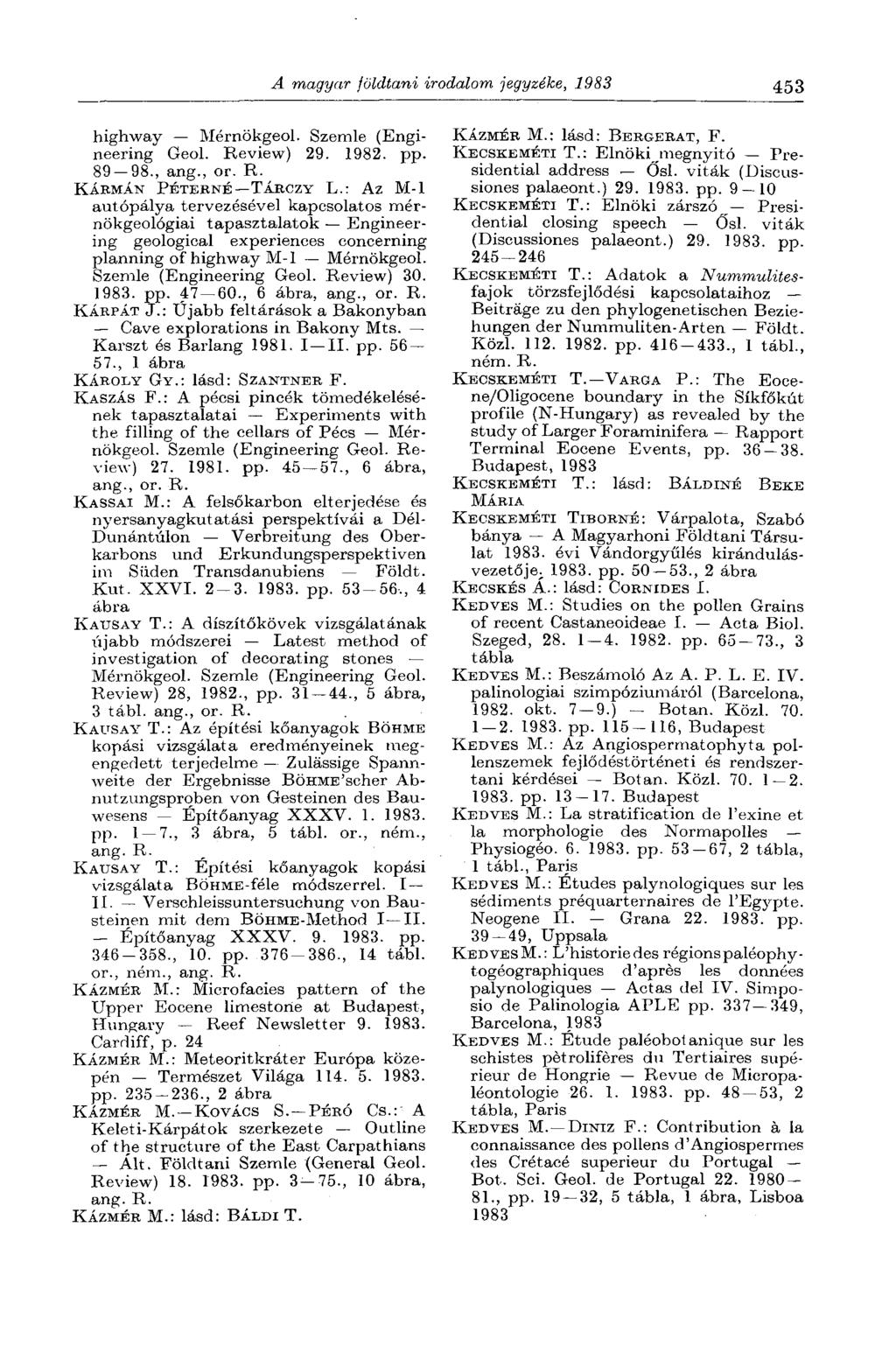 A magyar földtani irodalom jegyzéke, 1983 453 highway Mérnökgeol. Szemle (Engineering Geol. Review) 29. 1982. pp. 89-98., ang., or. R. KÁRMÁN PÉTERNÉ TÁRCZY L.