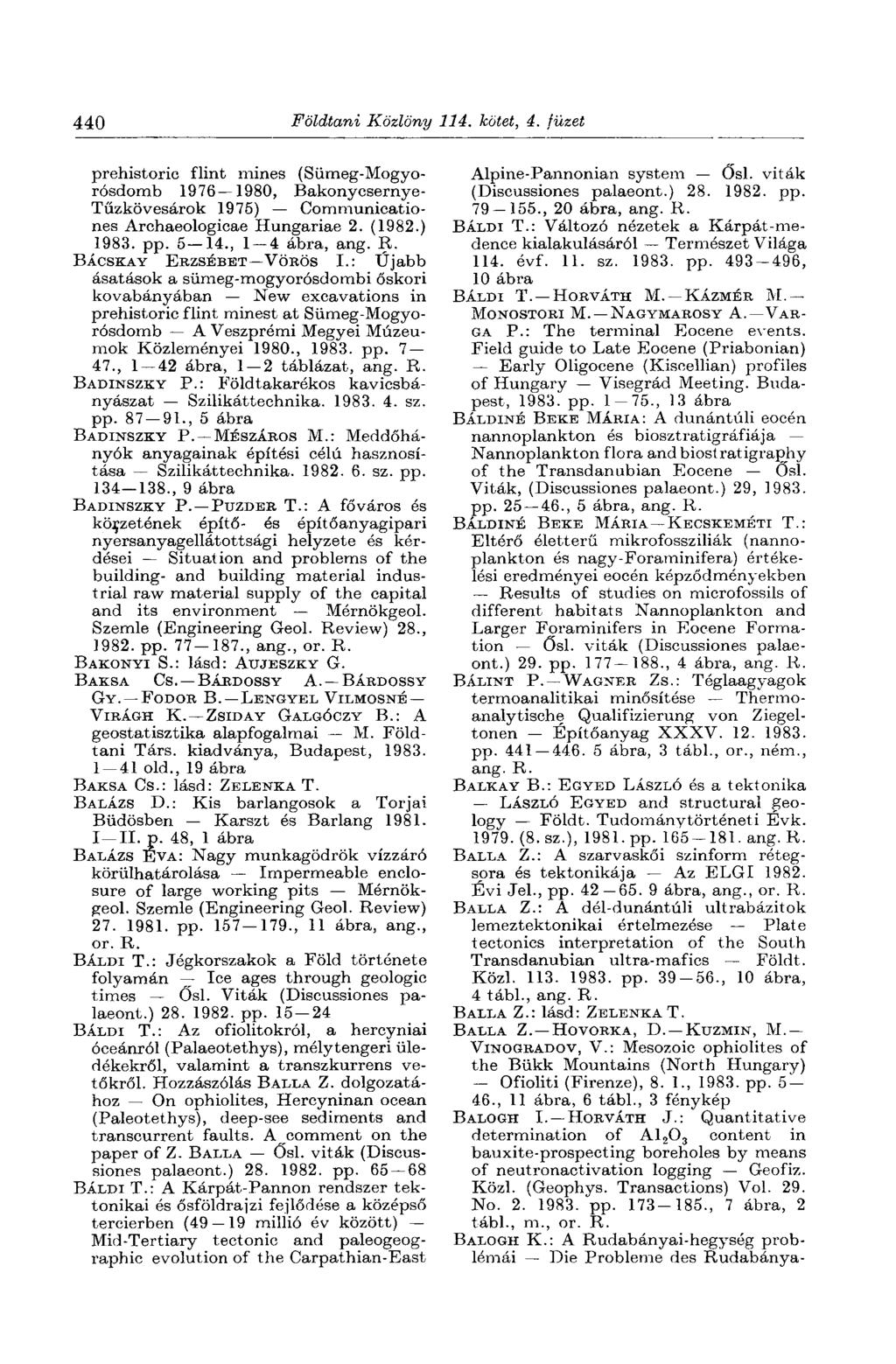 440 Földtani Közlöny 114. kötet, 4. füzet prehistoric flint mines (Sümeg-Mogyorósdomb 1976 1980, Bakonycsernye- Tűzkövesárok 1975) Communicationes Archaeologicae Hungáriáé 2. (1982.) 1983. pp. 5 14.