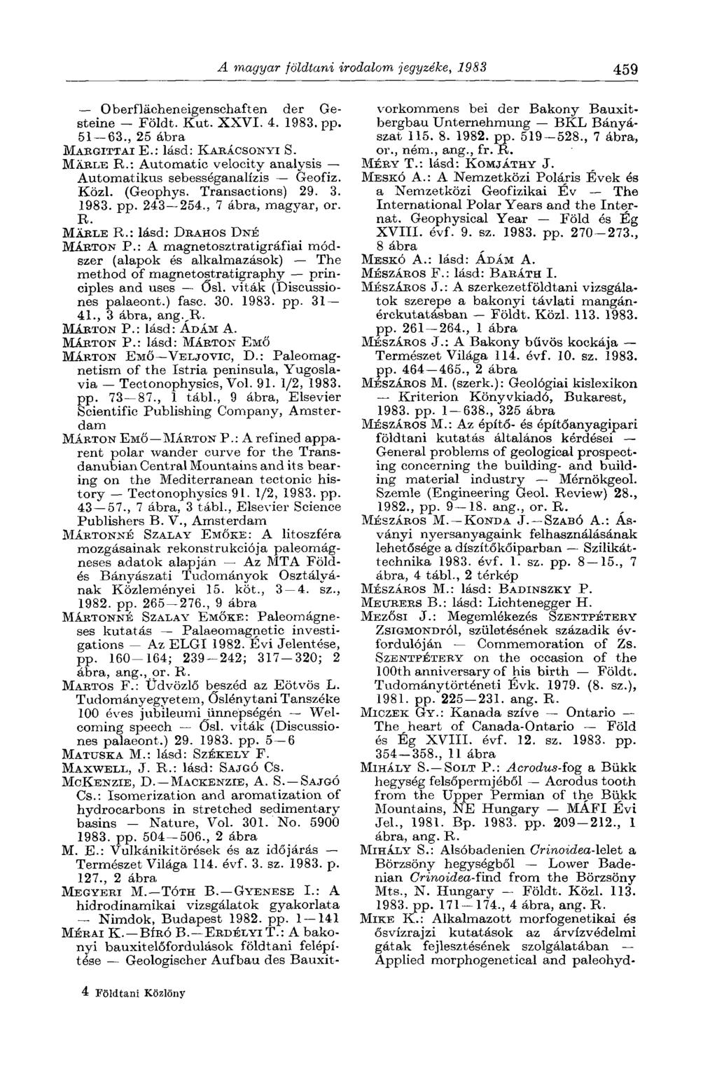 A magyar földtani irodalom jegyzéke, 1983 459 Oberflächeneigenschaften der Gesteine Földt. Kut. XXVI. 4. 1983. pp. 51 63., 25 ábra MARGITTAI E.: lásd: KARÁCSONYI S. MARLE R.