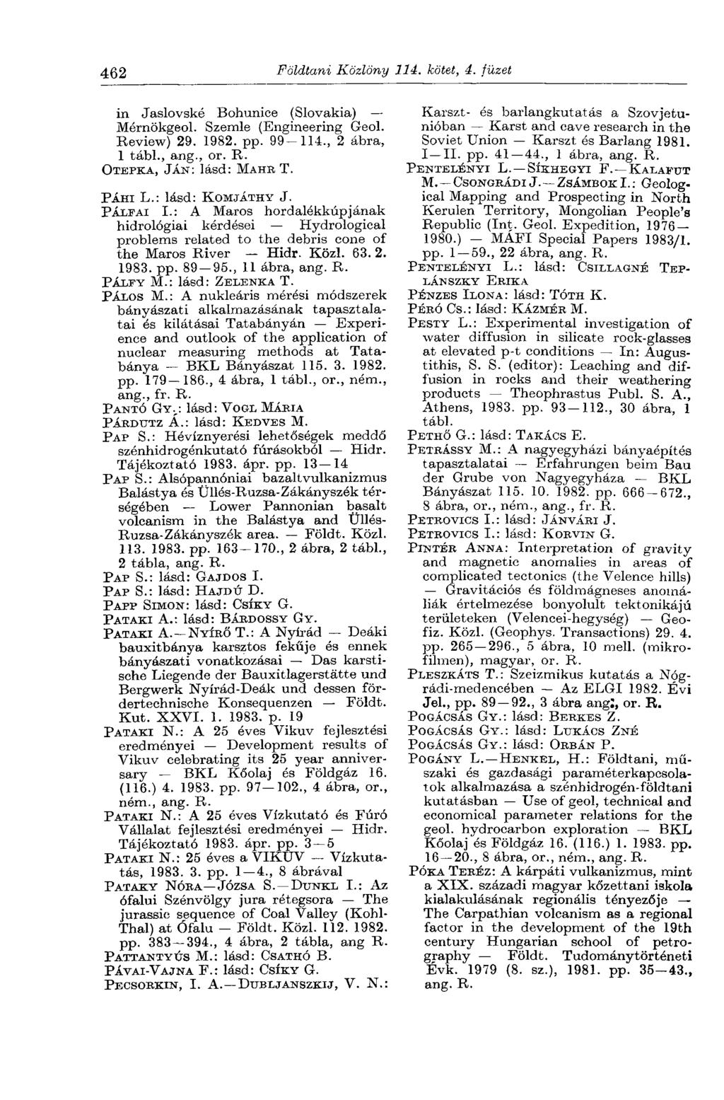 462 Földtani Közlöny 114. kötet, 4. füzet in Jaslovské Bohunice (Slovakia) Mérnökgeol. Szemle (Engineering Geol. Review) 29. 1982. pp. 99-114., 2 ábra, 1 tábl., ang., or. R. OTEPKA, JÁN: lásd: MAHR T.