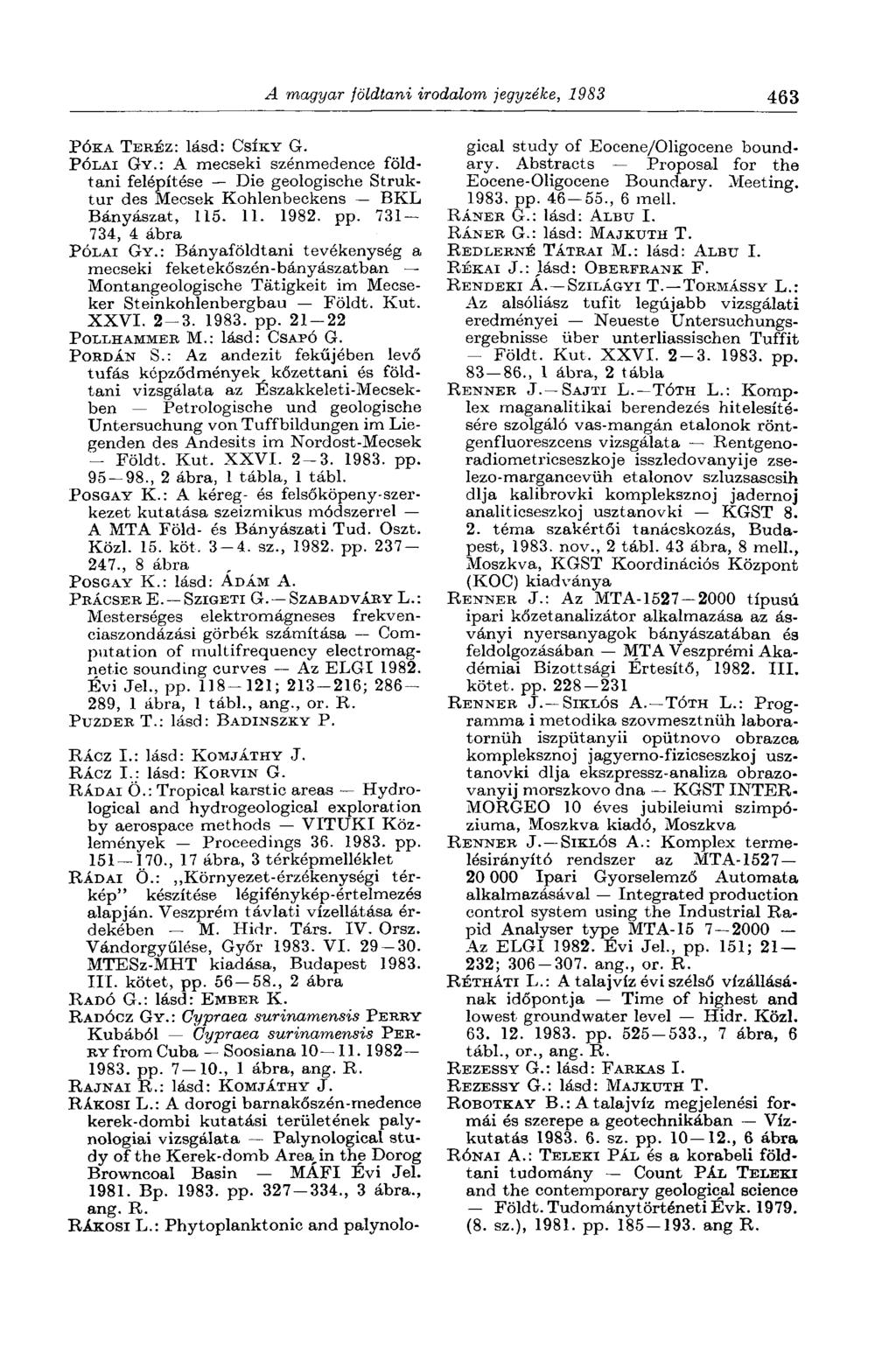 A magyar földtani irodalom jegyzéke, 1983 463 PÓKA TERÉZ: lásd: CSÍKY G. PÓLAI GY.: A mecseki szénmedence földtani felépítése Die geologische Struktur des Mecsek Kohlenbeckens BKL Bányászat, 115. 11. 1982.