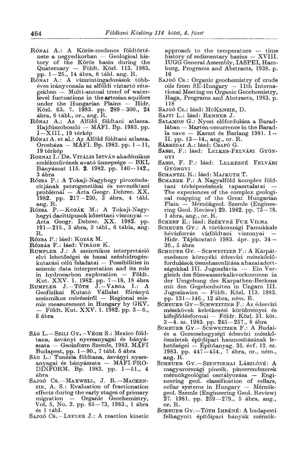 464 Földtani Közlöny lié kötet, 4. füzet RÓNAI A.: A Körös-medence földtörténete a negyedkorban Geological history of the Körös basin during the Quaternary Földt. Közi. 113. 1983. pp. 1 25.