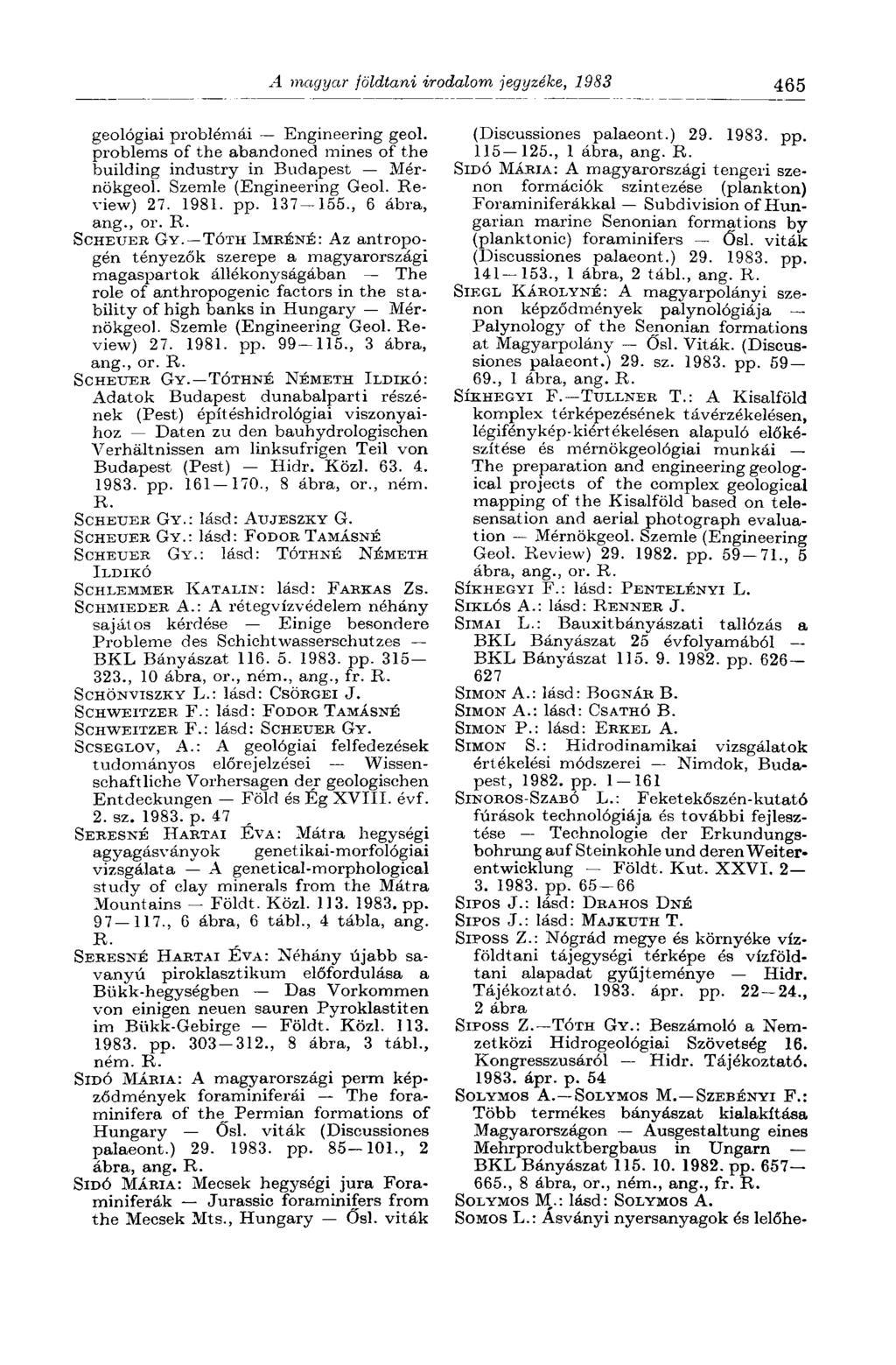 465 geológiai problémái Engineering geol. (Discussiones palaeont.) 29. 1983. pp. problems of the abandoned mines of the 115-125., 1 ábra, building industry in Budapest Mérnökgeol.