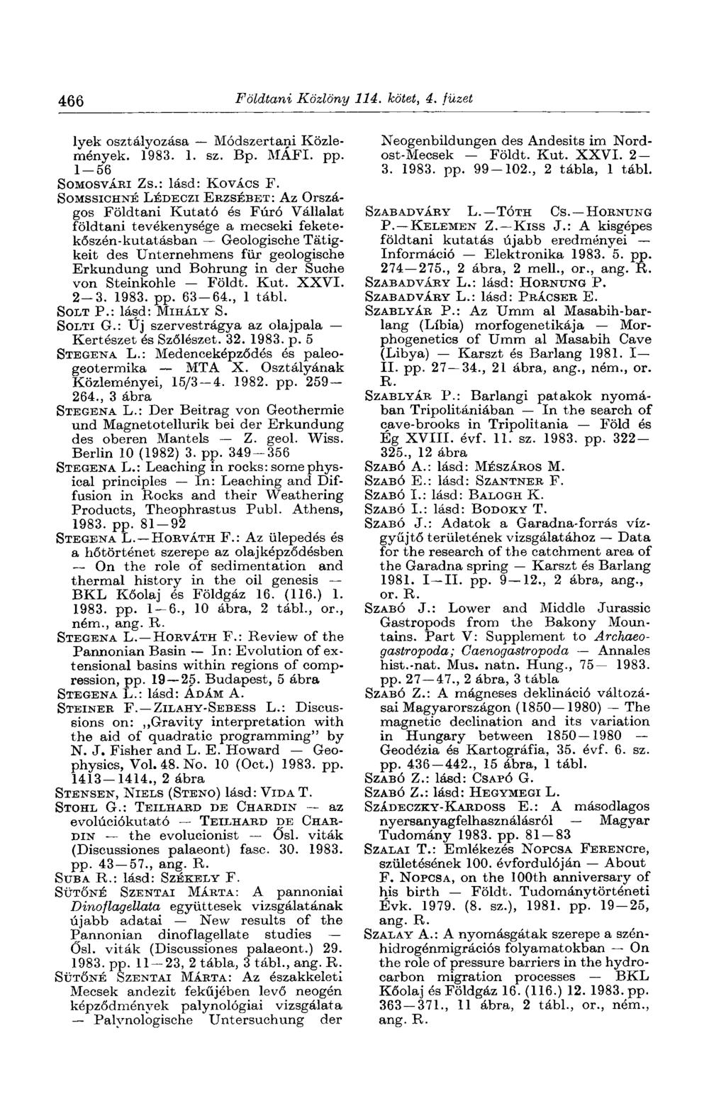 466 Földtani Közlöny 114. kötet, 4. füzet lyek osztályozása Módszertani Közlemények. 1983. 1. sz. Bp. MÁFI. pp. 1-56 SOMOSVÁRI Zs.: lásd: KOVÁCS F.