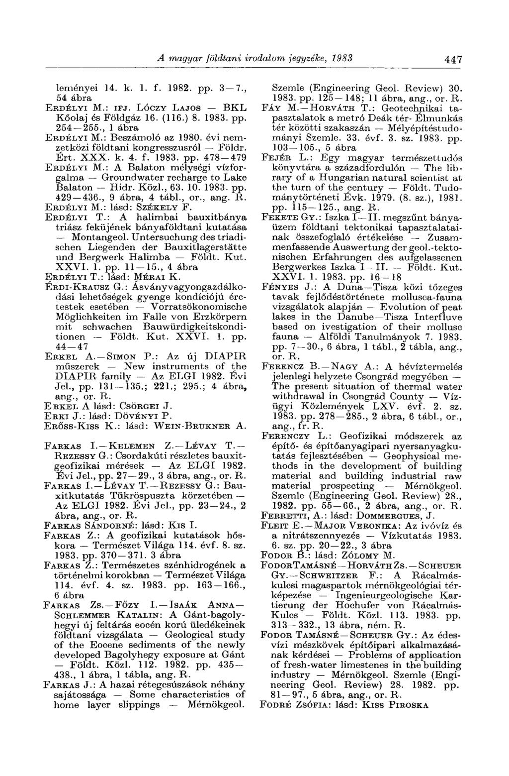 A magyar földtani irodalom jegyzéke, 1983 447 leményei 14. k. 1. f. 1982. pp. 3 7., 54 ábra ERDÉLYI M.: IFJ. LÓCZY LAJOS BKL Kőolaj és Földgáz 16. (116.) 8. 1983. pp. 254-255., 1 ábra ERDÉLYI M.