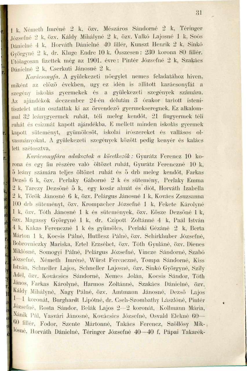fiiiii. 81 1 {. Néiuoth Iiiiróaé 2 k. üzv. Mészái-os Sáiidorné 2 k, Téringer Juzsefné 2 k, özv. Káldy Mihályné 2 k, özv. Valkó Lajosiié 1 k, Soós Dánielné 4 k.