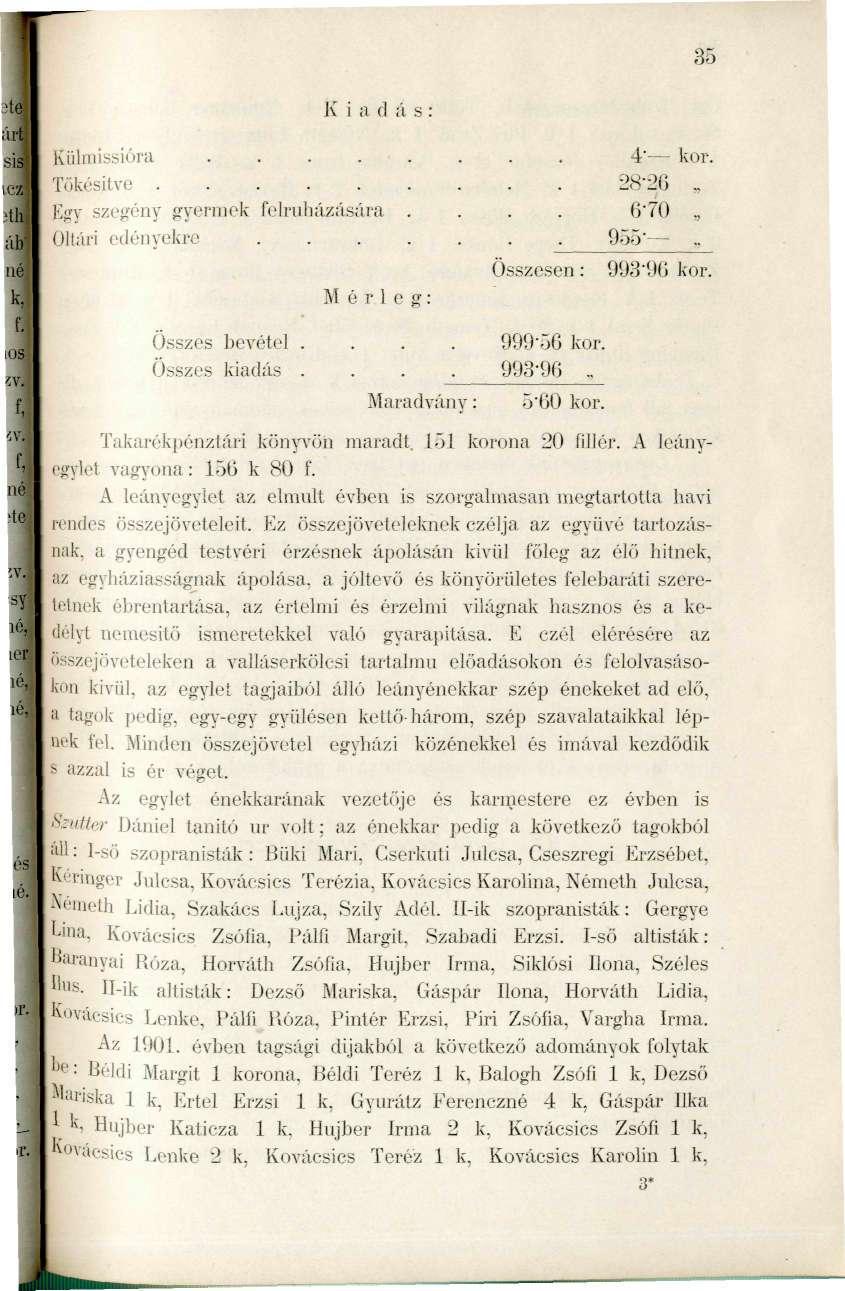 35 K i a d á s : lüilmissióra..... Tőkésitve.... Egy szegény gyeridck felriiluizására. OÜári edényekre.... M é r 1 e ff: Összesen: 4-- kor. 2S-2G?T 6-70 TJ 955-993'9G kor. összes Levétel.... 999'e56 kor.