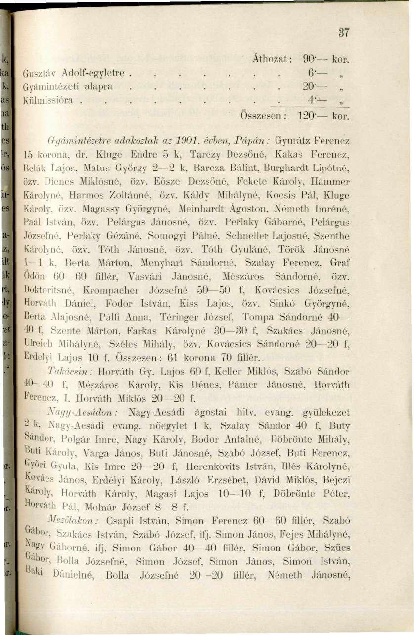 Áthozat: 90- kor. Gusztfiv Adolf-egylotre 6",, Gyám intézeti alapra....... 20', Külmissióra. _^ 4"^., Összesen : 87 120" kor. Gyámintécetre adalcoziíik az 1901.