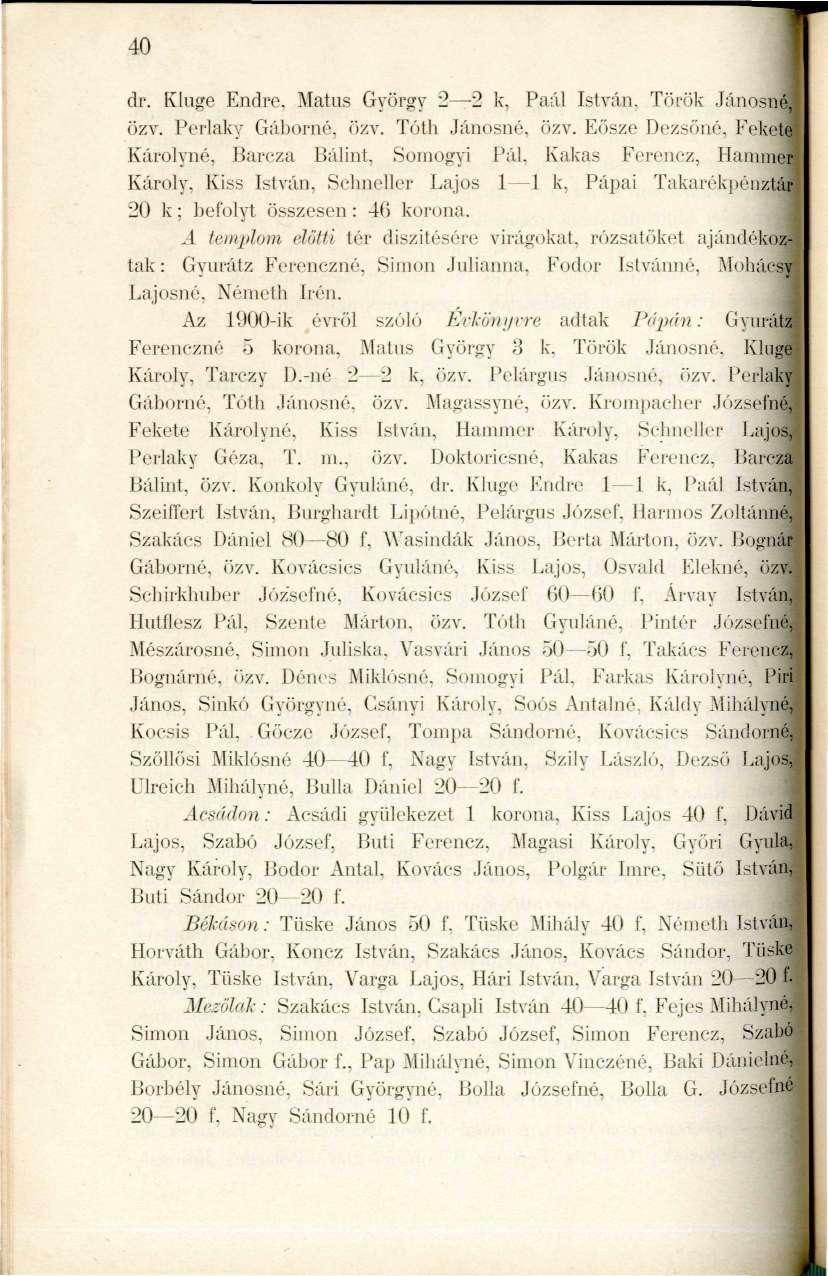 40 dr. Kluge Endre. Matus György 22 k, Paúl István. Török Jánosné, özv. Pcrlaky Gáborné, özv. Tótli Jánosné, özv. Eösze Dezsöné, Fekete Károlyné, Barcza Bálint, Somogyi Pál.