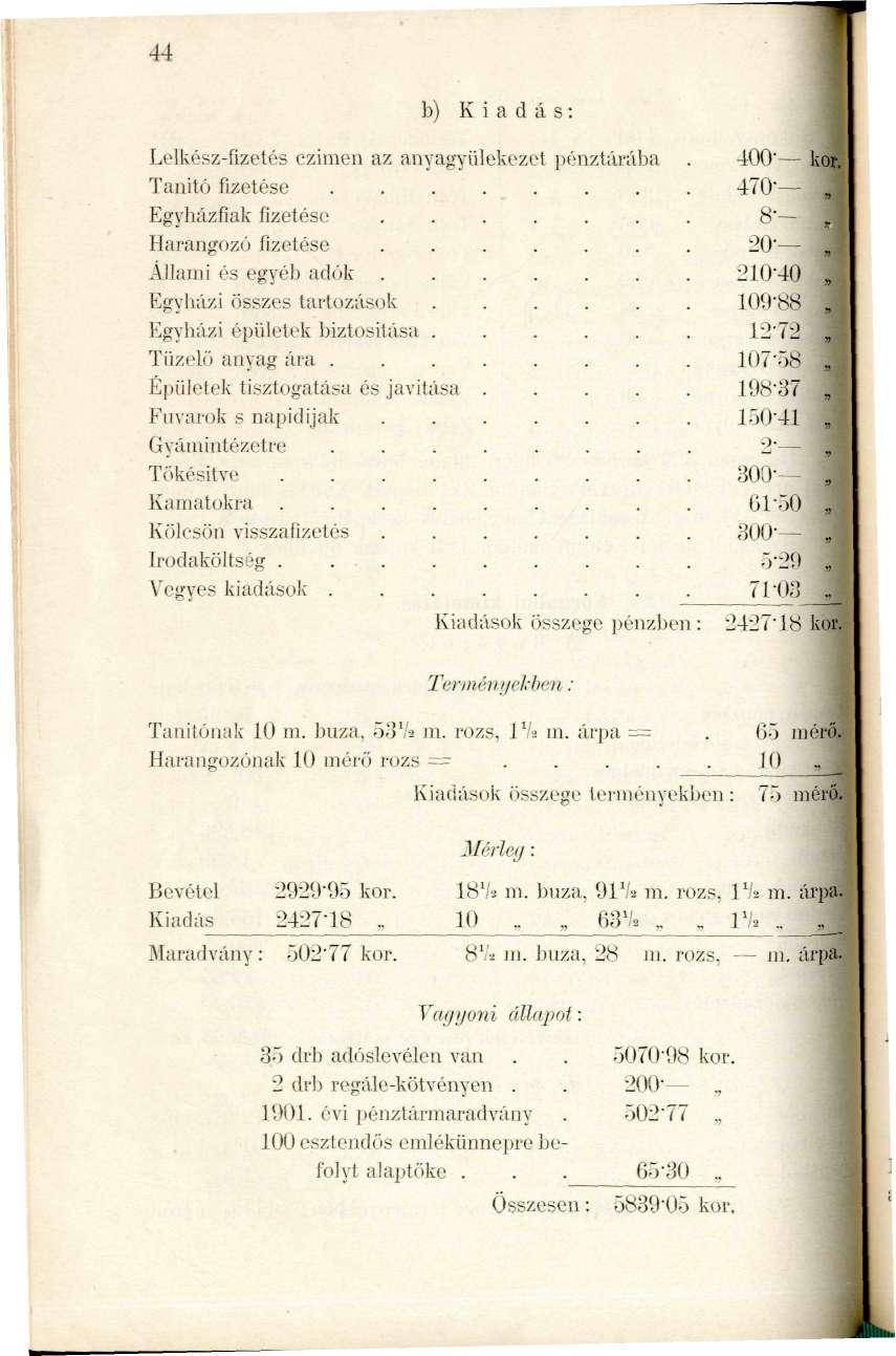 44 Lelkész-fizetés czimen az aii Tanitó fizetése Egyházfiak fizetése Harangozó fizetése Állanii és egyéb adók. Egyházi összes tartozások Egyházi épületek biztosítása Tüzelő anyag ára.