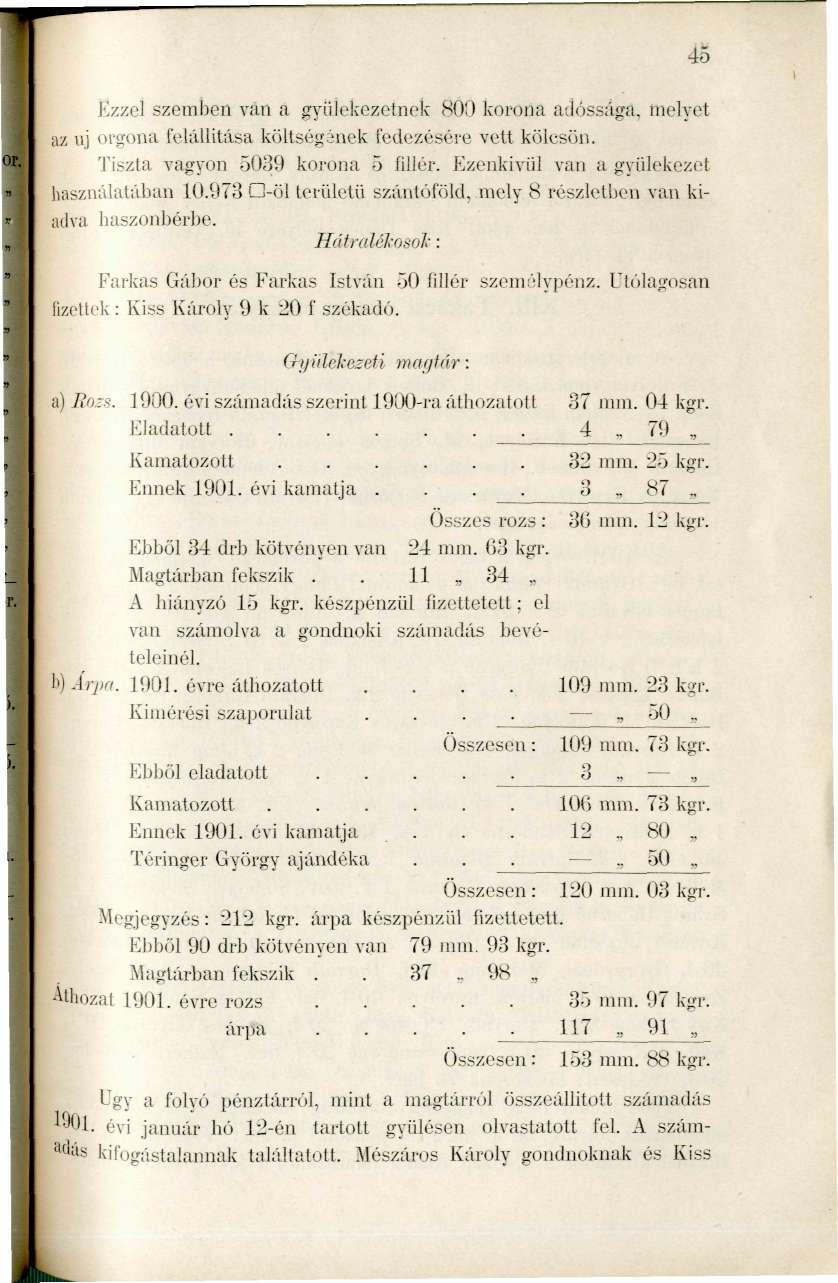 Ezzel szemben van a gyülekezetnek 800 korona adóssága, melyet az uj orgona felállítása költségének fedezésére vett kölcsön. Tiszta vagyon 5039 korona 5 fillér.