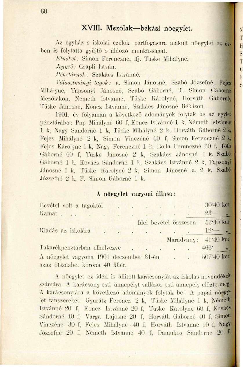 60 XVIII. Mezőlak-békásí nőegylet. Az egyház s iskolai czélok pártfogására alakult nőegylet ez é ben is folytatta gyüjto s áldozó nnmkásságát. Elnökei: Simon Ferenezné, ifj. Tüske ^lihálynó.