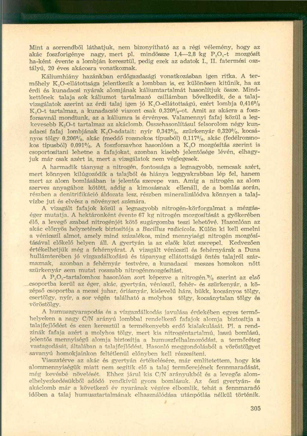 Mint a sorrendből láthatjuk, nem bizonyítható az a régi vélemény, hogy az akác foszforigénye nagy, mert pl.