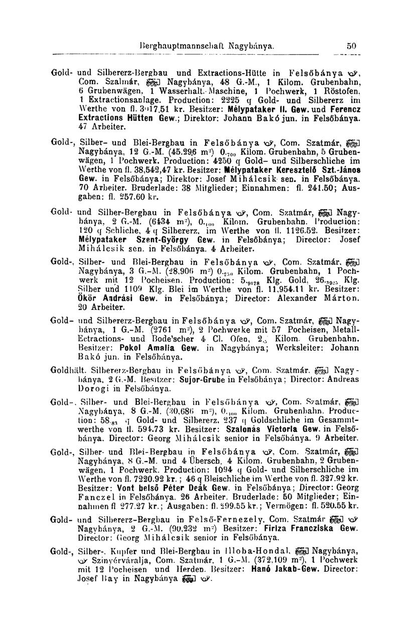 Berghauptmannschaft Nagybánya. 50 Gold- und Silbererz-Bergbau und Extractions-Hütte in Felsőbánya KP, Com. Szalmár, Nagybánya, 48 G.-M., 1 Kilom. Grubenbahn, 6 Grubenwägen, 1 Wasserhalt.