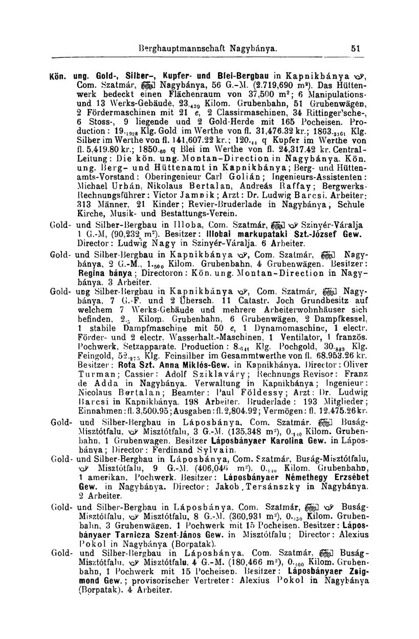 Berghauptmannschaft Nagybánya. 51 Kön. ung. Gold-, Silber-, Kupfer- und Blei-Bergbau in Kapnikbánya KP, Com. Szatmár, fsfi Nagybánya, 56 G.-M. (2.719,690 m a ).