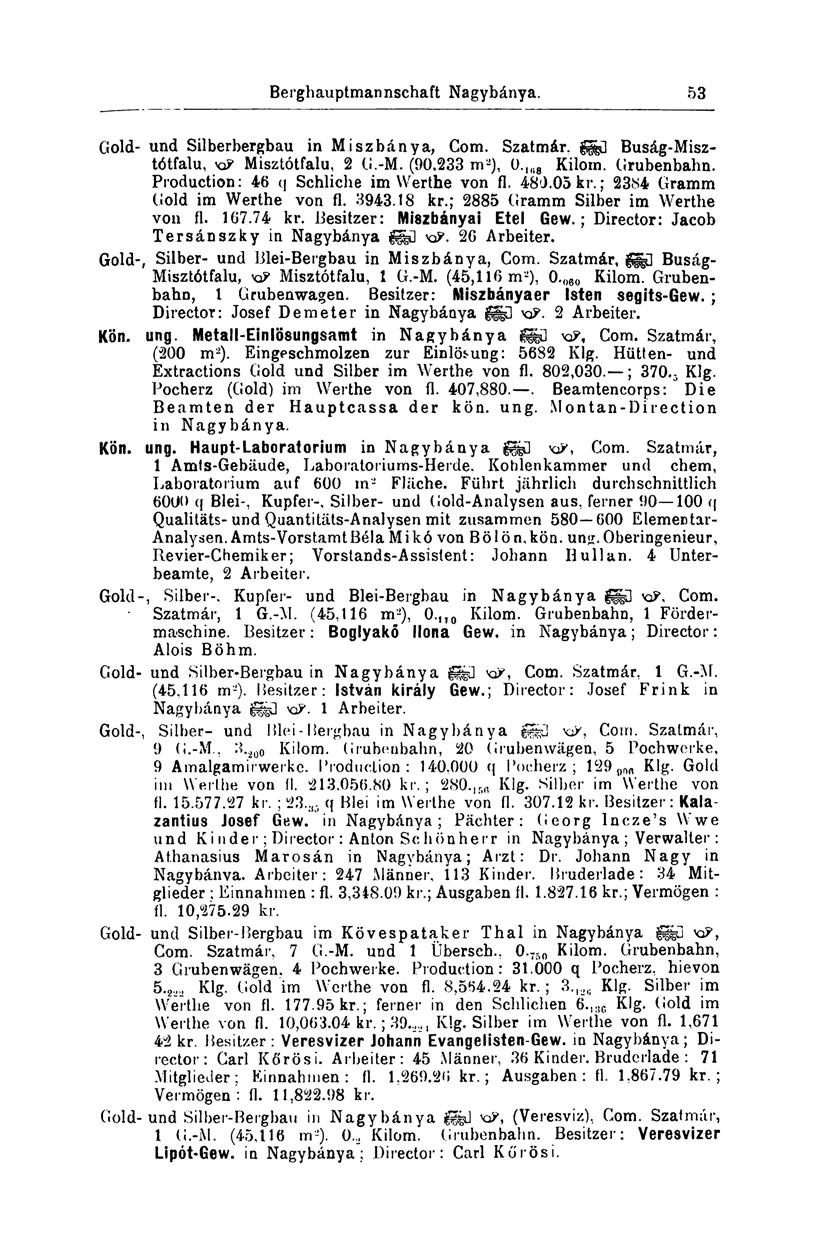 Berghauptmannschaft Nagybánya. 53 Gold- und Silberbergbau in Miszbánya, Com. Szatmár. g Buság-Misztótfalu, KP Misztótfalu, 2 G.-M. (90,233 m 2 ), 0. 1U8 Kilom. Grubenbahn.