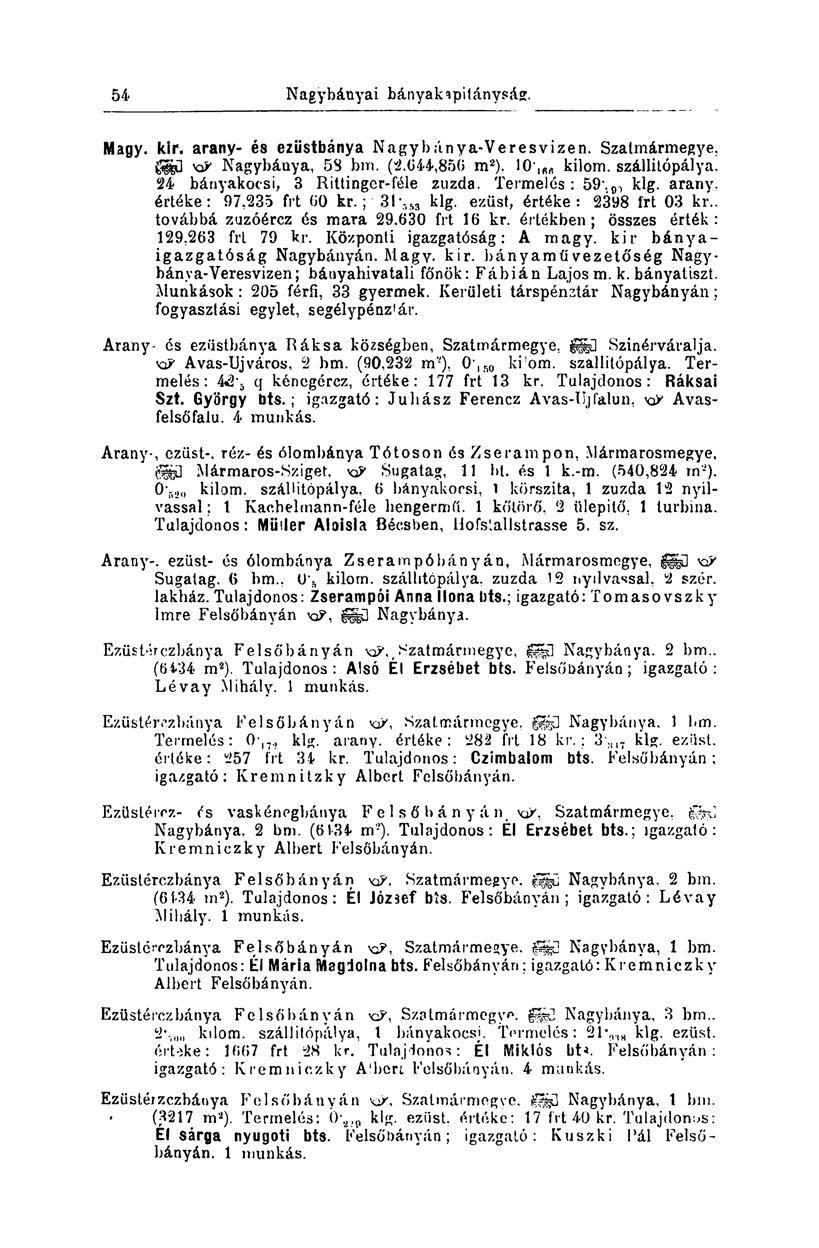 46 Nagybányai bányakapitányság. Magy. kir. arany- és ezüstbánya Nagybánya-Veresvizen. Szatmármegye, ggfl Nagybánya, 5S bm. (2.044,850 m 2 ). 10' IM kilom. száilitópálya.