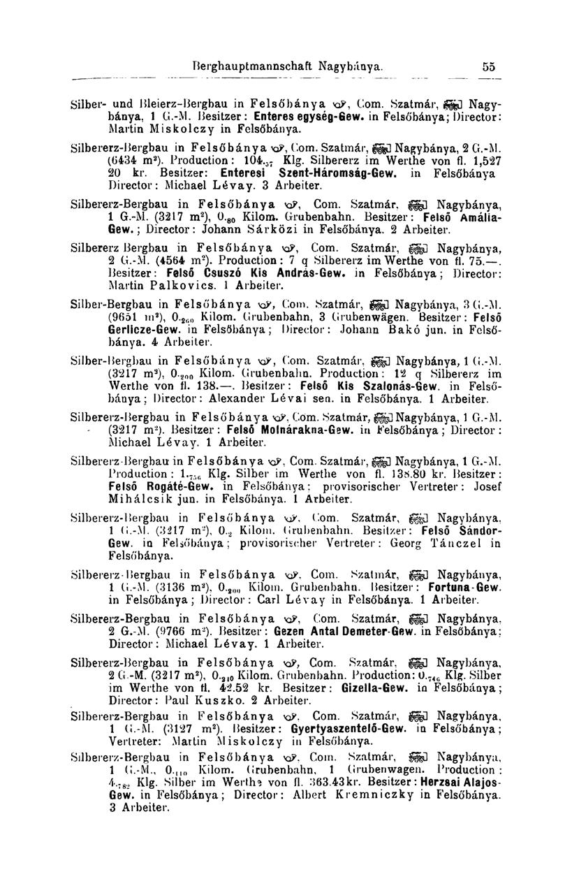 Berghauptmannschaft Nagybánya. 55 Silber- und Bleierz-Bergbau in Felsőbánya KP, Com. Szatmár, gjffeü Nagybánya, 1 G.-M. Besitzer: Enteres egység-6ew.