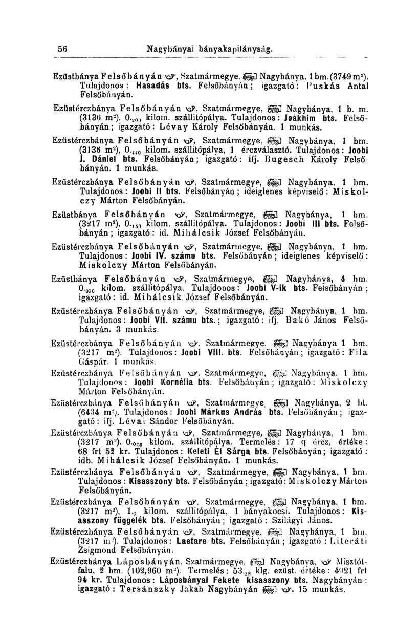 56 Ezüstbánya Felsőbányán VQ?, Szatmármegye, Nagybánya, 1 bm.(3749m 2 ). Tulajdonos: Hasadás bts. Felsőbányán; igazgató: Puskás Antal Felsőbányán. Ezüstércz bánya Felsőbányán va?