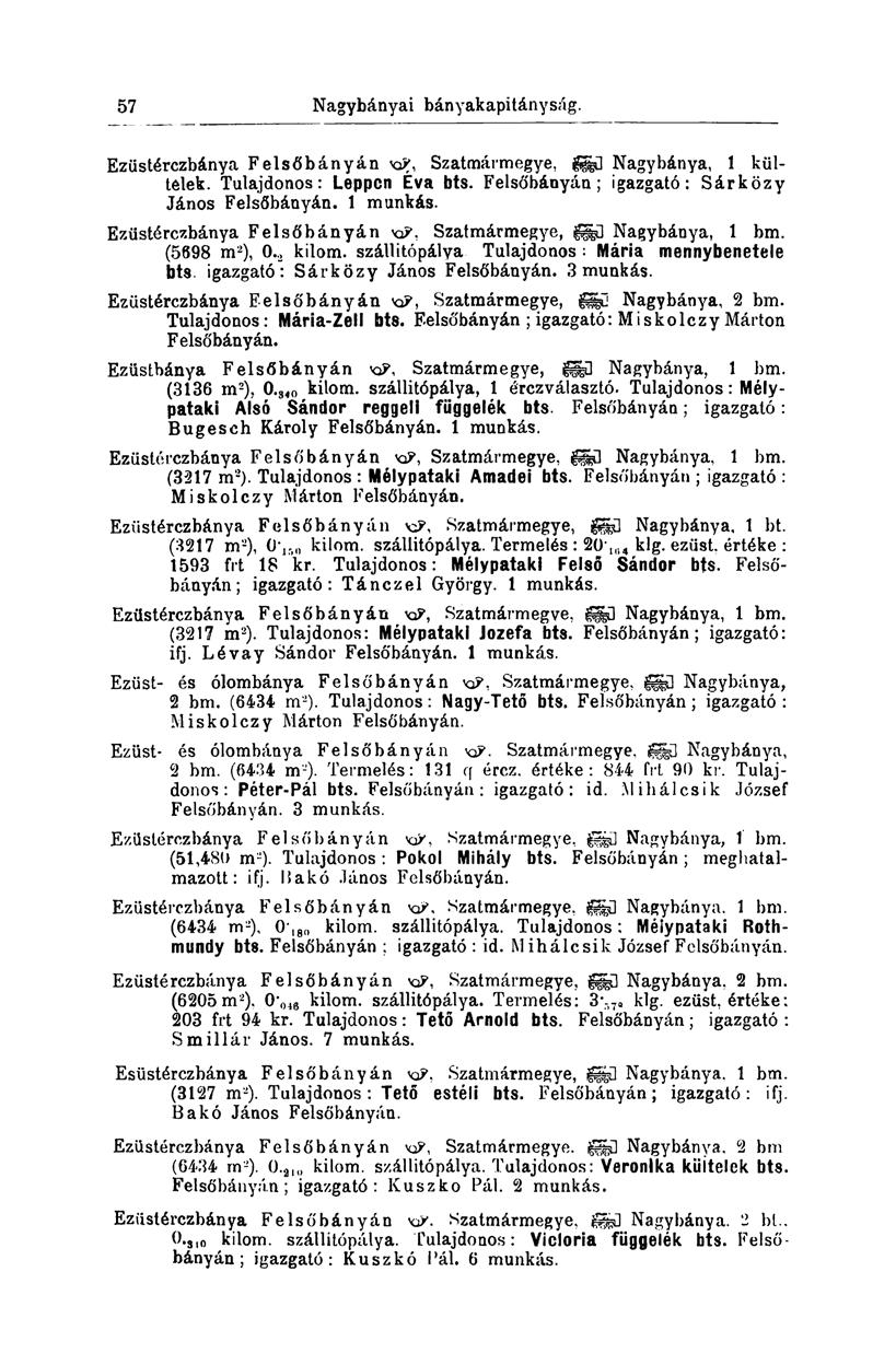57 Nagybányai bányakapitányság. Ezüstérczbánya Felsőbányán Szatmármegye, gggl Nagybánya, 1 kültelek. Tulajdonos: Leppcn Eva bts. Felsőbányán; igazgató: Sárközy János Felsőbányán. 1 munkás.