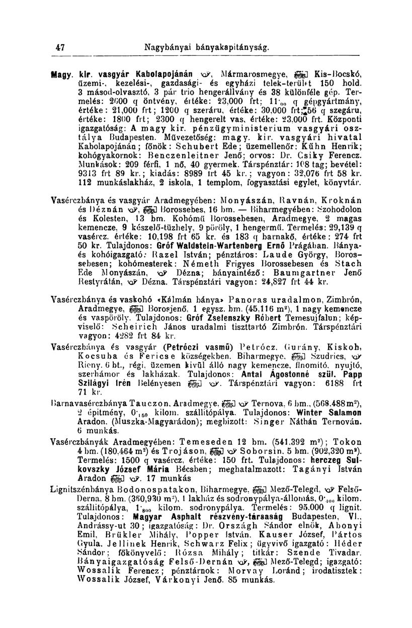 46 Nagybányai bányakapitányság. Magy. kir. vasgyár Kabolapojánán xp, Mármarosmegye, giö Kis-Bocskó, üzemi-, kezelési-, gazdasági- és egyházi telek-terüht 150 hold.