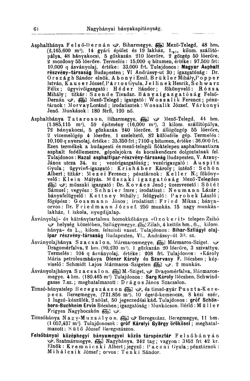 61 Asphaltbánya F e 1 s ó'-l) e r n á n xp, Biharmegye, (ügg Mező-Telegd, 48 bm. (2.165,600 m-), 14 gyári épület és 19 lakház, l. 8Tn kilom.