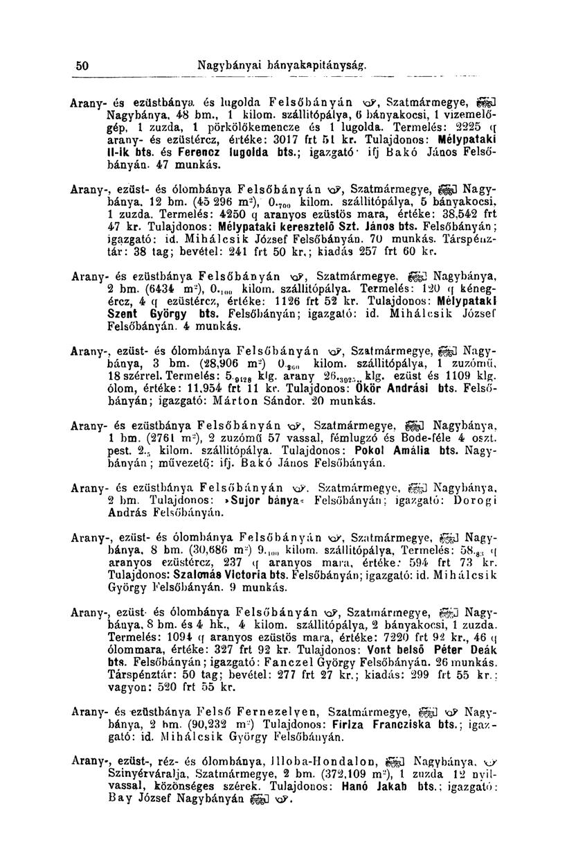 50 Arany- és ezüstbánya és lugolda Felsőbányán KJ, Szatmármegye, Nagybánya, 48 bm., 1 kilom. száilitópálya, 6 bányakocsi, 1 vizemelőgép, 1 zúzda, 1 pörkölőkemencze és 1 lugolda.