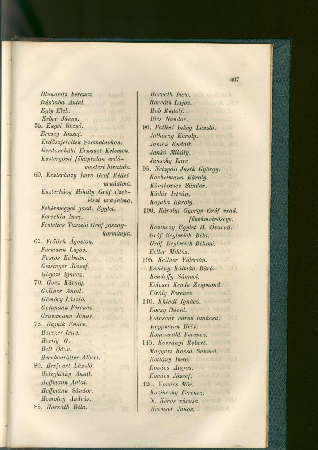 Dluhovits Ferencz. Dúsbaba Antal. Egly Elek. Erber János. 55. Engel Rezső. Ercsey József. Erdőszjelöltek Szomolnokon. Gcrdovcháki Ernuszt Kelemen. Esztergomi főkáptalan erdőmesteri hivatala. 00.