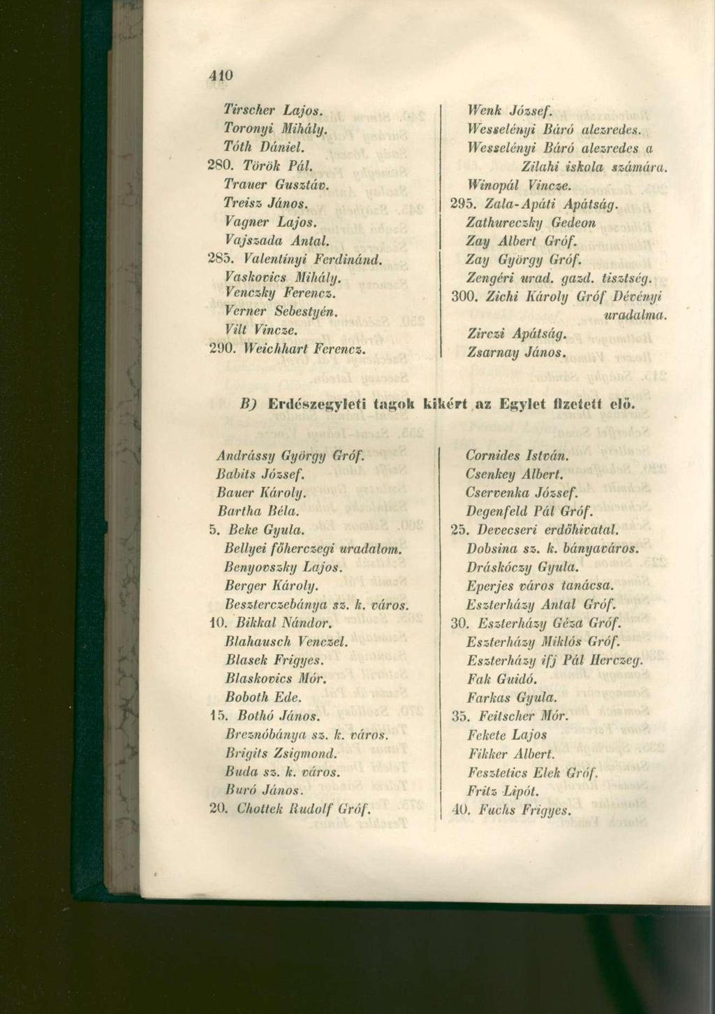Tirscher Lajos. Toronyi Mihály. Tóth Dániel. 280. Török Pál. Traucr Gusztáv. Treisz János. Vagner Lajos. Vajszada Antal. 285. Valentinyi Ferdinánd. Vaskovics Mihály. Venczky Ferencz. Vcrncr Sebestyén.