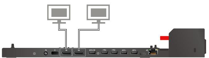ThinkPad Basic Docking Station Egyszerre legfeljebb két külső, a DisplayPort- és a VGA-csatlakozóhoz csatlakoztatott külső megjelenítővel használható.