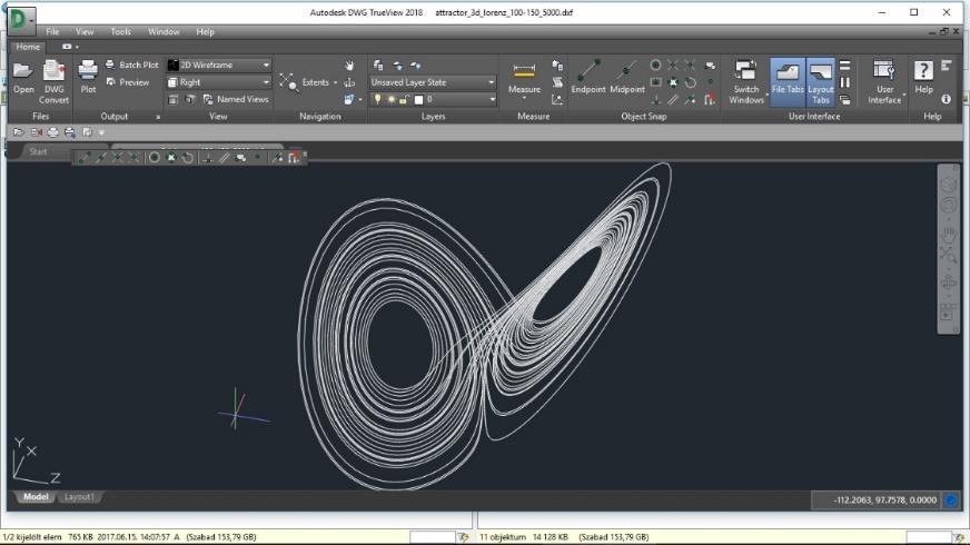 Tömeghatás modellezése képét mutatjuk be. Az attraktor általunk generált (attractor_3dgrav_lorenz_100-150_5000.dxf) DXF fájlját DWG TrueView program képernyőjén jelenítettük meg.