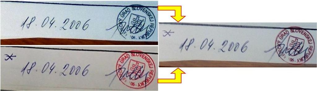 18-as dátum, és a szlovák hatóság pecsétje valamint egy aláírás látható. Látszatra a hatósági pecsét és aláírás a csillaggal jelölt változtatást hitelesíti.