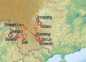 ÉRINTETT Lijiang óvárosa Dél-kínai karszt Dazu sziklaszobrai 1. nap: Budapest... Elrepülés Budapestről átszállással Chongqingba. Étkezések és éjszakázás a gép fedélzetén. 2. nap:... Chongqing Eling Park Érkezés Chongqingba a délutáni órákban.