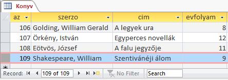 2. KONYV Importáld a KONYV.TXT állományból a KONYV nevű táblát.