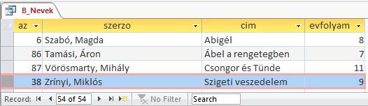 ) B_Nevek A KONYV tábla alapján készítsd el a B_Nevek nevű lekérdezést, 