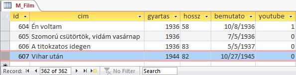 Ebben a BEMUTATO mezőben évszám szerepel, ezért itt figyelni kell a dátumra: YMD formátum és jel az elválasztó, a BEMUTATO típusa pedig Date With Time kell
