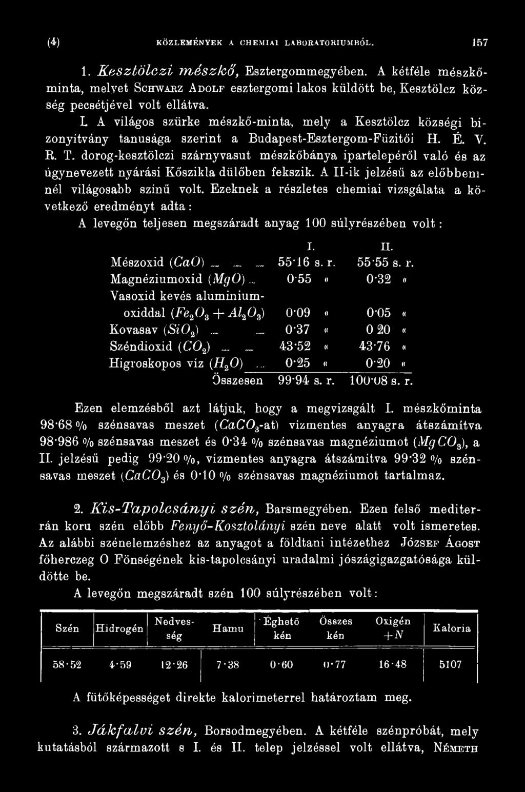 Ezeknek a részletes chemiai vizsgálata a következő eredményt adta: A levegőn teljesen megszáradt anyag 100 súlyrészében v o lt: Mészoxid (CaO) _. Magnéziumoxid (MgO).