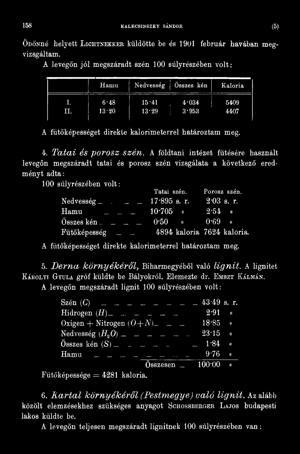 Derna, környékéről, Biharmegyéből való lignit. A lignitet K árolyi Gyula gróf küldte be Bályokról. Elemezte dr. Emszt Kálmán. A levegőn megszáradt lignit 100 súlyrészében v o lt: Szén (C)....._.
