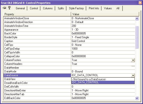 DBGrid Control: adatforrás beállítása A táblázatot összekötjük az