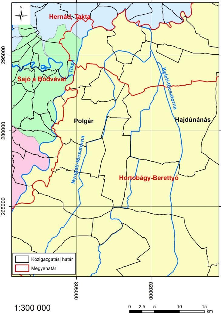 1. sz. térkép Polgár és az alegységek elhelyezkedése (Szerző saját szerkesztése a TIVIZIG adatbázisa alapján) Polgár város közigazgatási területe két kistáj területén fekszik. Ezek az 1.7.