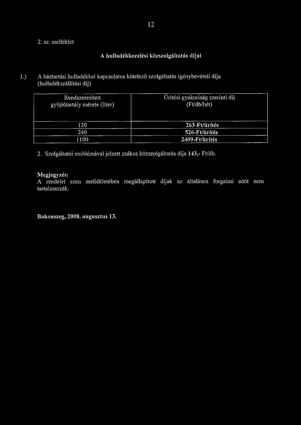 gyűjtőtartály mérete (liter) Ürítési gyakoriság szerinti díj (Ft/db/hét) 120 263-Ft/ürítés 240 526-Ft/ürítés 1100 2409-Ft/ürítés 2.