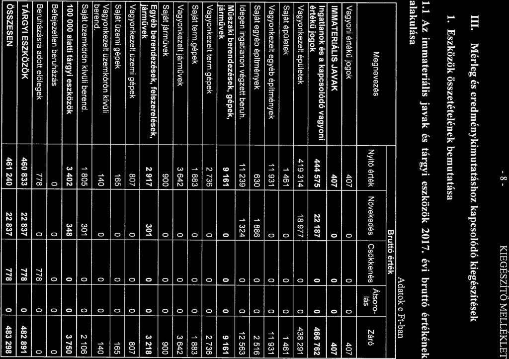 - 8 - KIEGÉSZÍTŐ III. Mérleg és eredménykimutatáshoz kapcsolódó kiegészítések 1. Eszközök összetételének bemutatása 1.1 Az immateriális javak és tárgyi eszközök 2017.