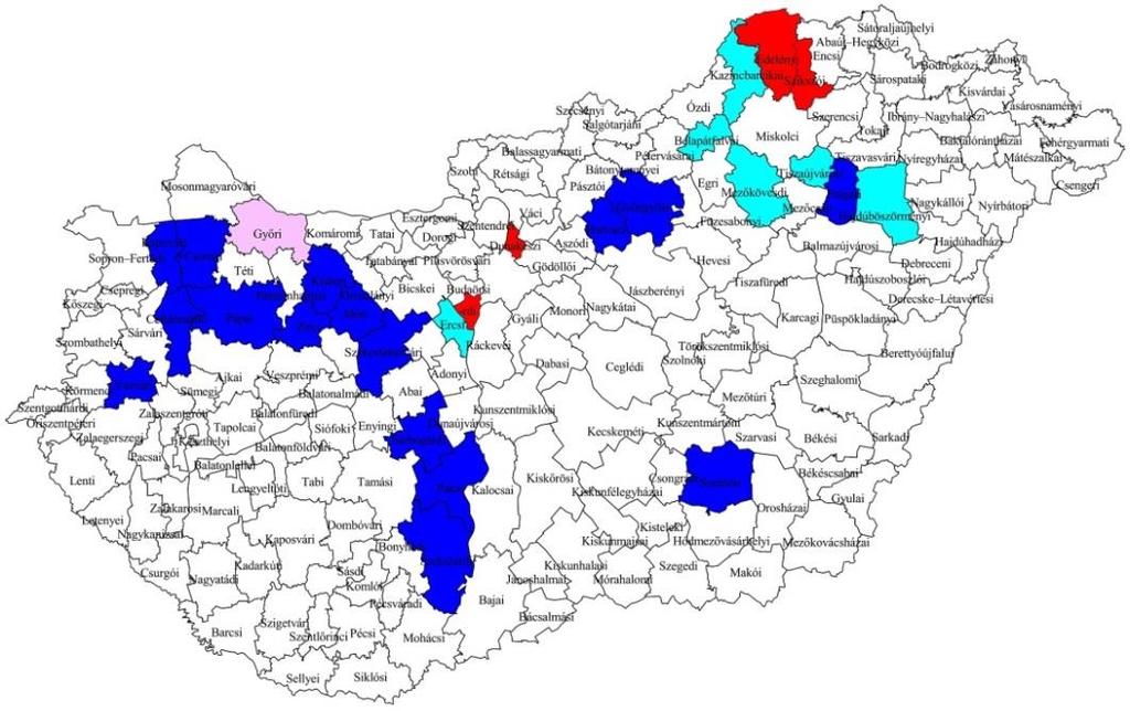 70 Szakálné Kanó Izabella: Gazdasági tevékenységek térbeli eloszlásának vizsgálata 4.7. ábra A szolgáltatási szektorban foglalkoztatottak eloszlása az nemzetgazdaság egészében foglalkoztatottakhoz képest (LQ értékek) Budapest nélkül Forrás: saját szerkesztés 4.
