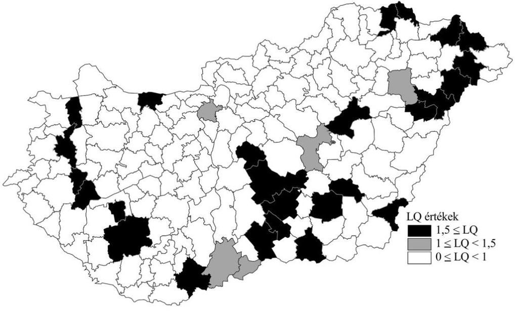 4. Az ágazatok térbeli koncentráltságának vizsgálata Magyarországon 87 4.11. ábra A Húsfeldolgozás alágazat LQ értékeinek térbeli eloszlása Forrás: saját szerkesztés 4.12.
