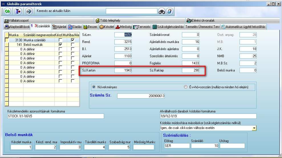 A Menedzsment / Globális paraméterek / Számlálók fülön dadjuk meg a raklap és karton cimkék induló számozását.