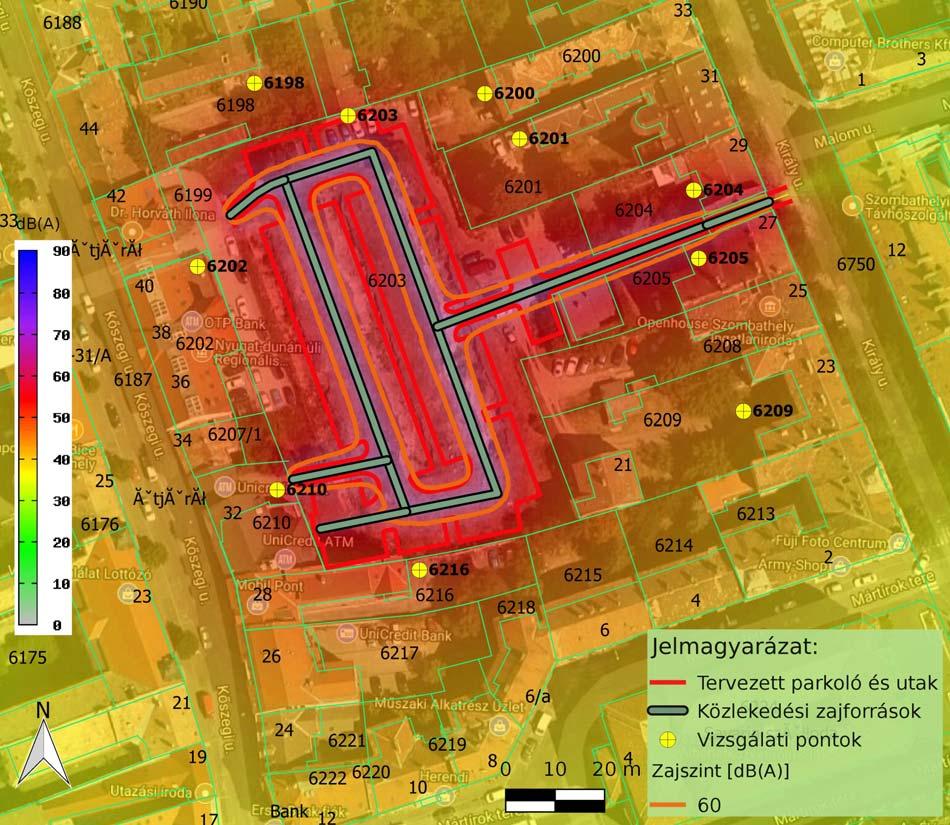 A számítások szerint a távlati eredmények alapján a zajterhelés nem haladja meg (a parkoló telekhatárán sem) a vonatkozó nappal 60dB(A) és éjjel 50dB(A)